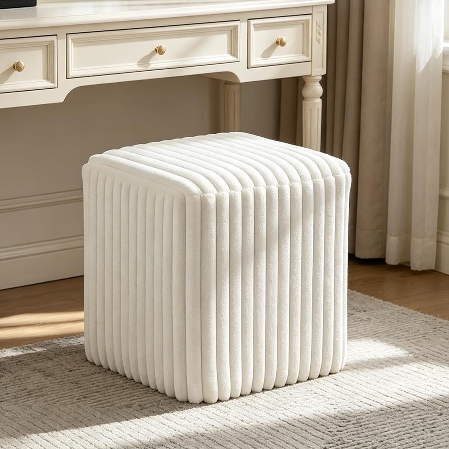 Fleece Button-Tufted Ottoman Stool – Cozy Footrest & Vanity Seat
