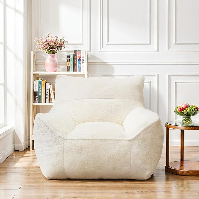 Plush Faux Rabbit Fur Bean Bag Chair with Backrest & Armrests – Memory Foam Floor Sofa