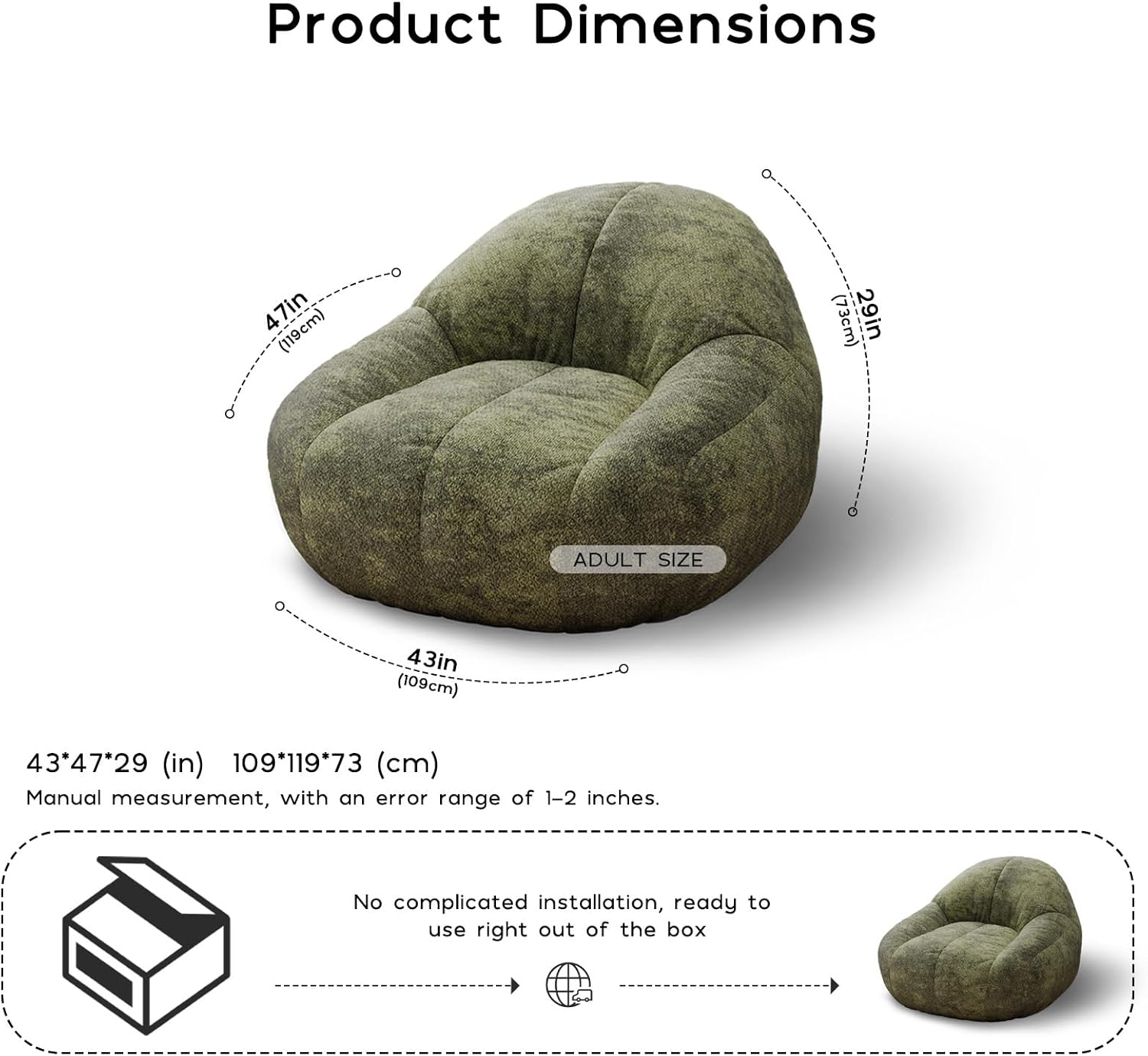Oversized Bean Bag Chair with Backrest & Armrests – Chenille Floor Sofa for Adults & Teens