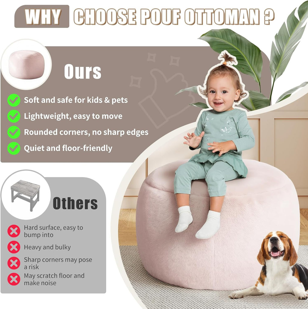 Plush Round Faux Fur Ottoman – Soft Foot Rest Pouf for Living Room & Bedroom