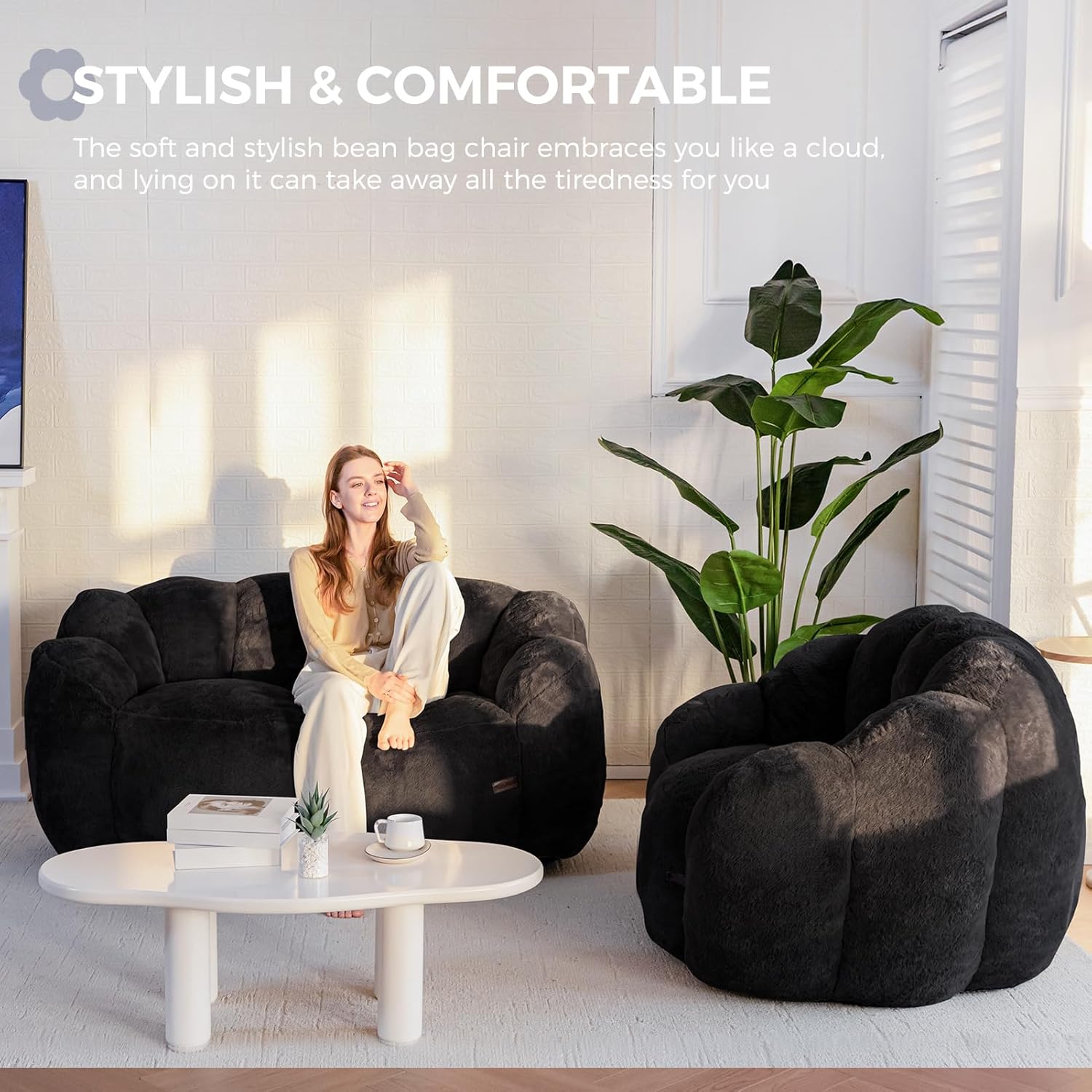 Flower-Shaped Faux Fur Bean Bag Chair Sofa with High-Density Foam Filling