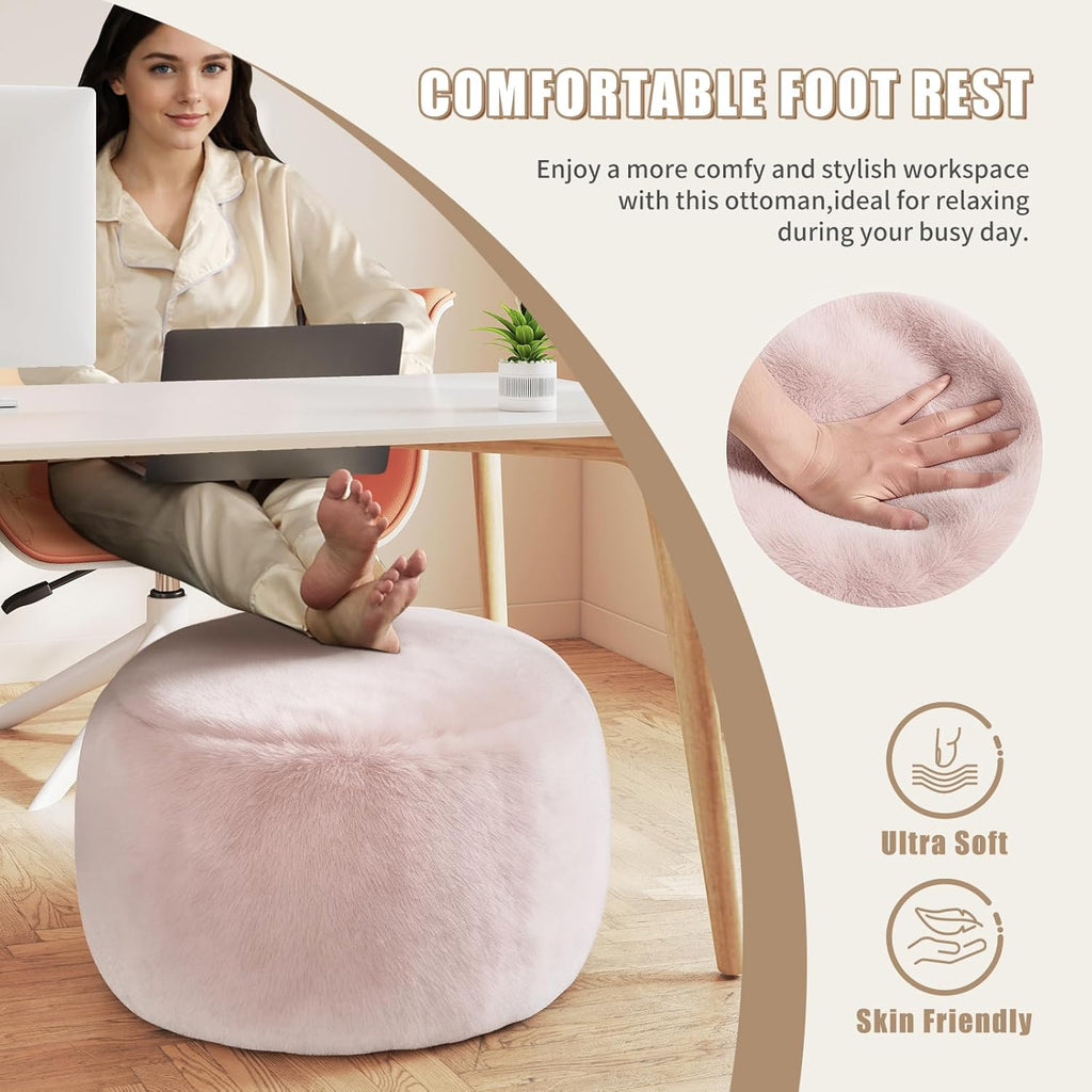 Plush Round Faux Fur Ottoman – Soft Foot Rest Pouf for Living Room & Bedroom
