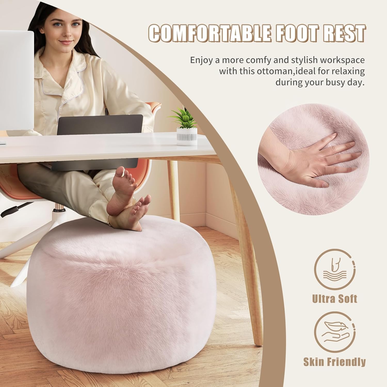 Plush Round Faux Fur Ottoman – Soft Foot Rest Pouf for Living Room & Bedroom