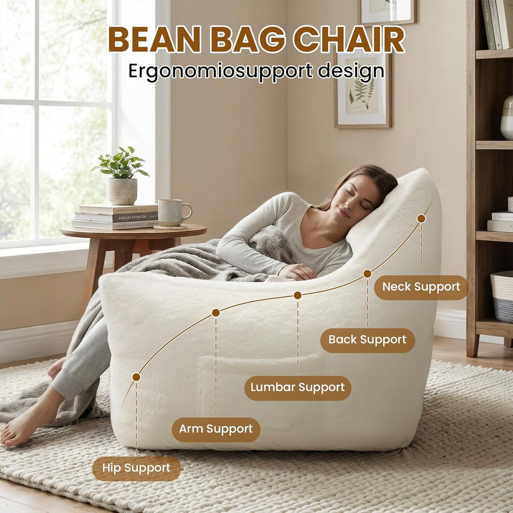 Plush Faux Rabbit Fur Bean Bag Chair with Backrest & Armrests – Memory Foam Floor Sofa