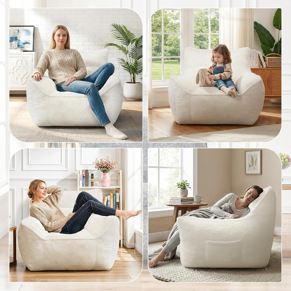 Plush Faux Rabbit Fur Bean Bag Chair with Backrest & Armrests – Memory Foam Floor Sofa