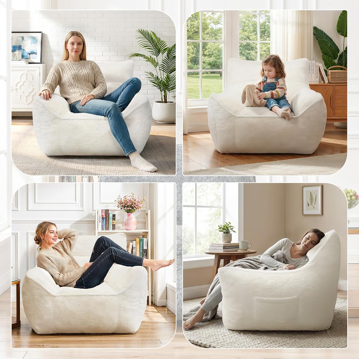 Plush Faux Rabbit Fur Bean Bag Chair with Backrest & Armrests – Memory Foam Floor Sofa