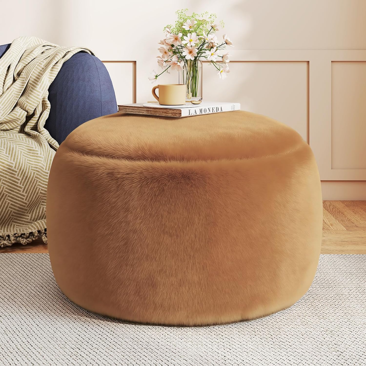 Plush Round Faux Fur Ottoman – Soft Foot Rest Pouf for Living Room & Bedroom