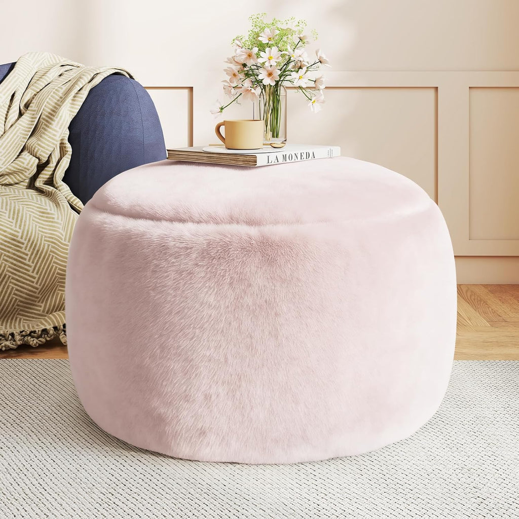 Plush Round Faux Fur Ottoman – Soft Foot Rest Pouf for Living Room & Bedroom