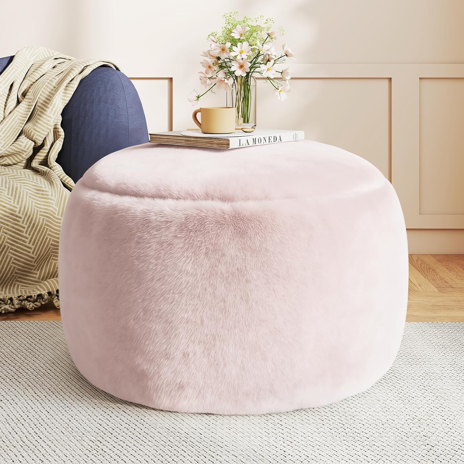 Plush Round Faux Fur Ottoman – Soft Foot Rest Pouf for Living Room & Bedroom