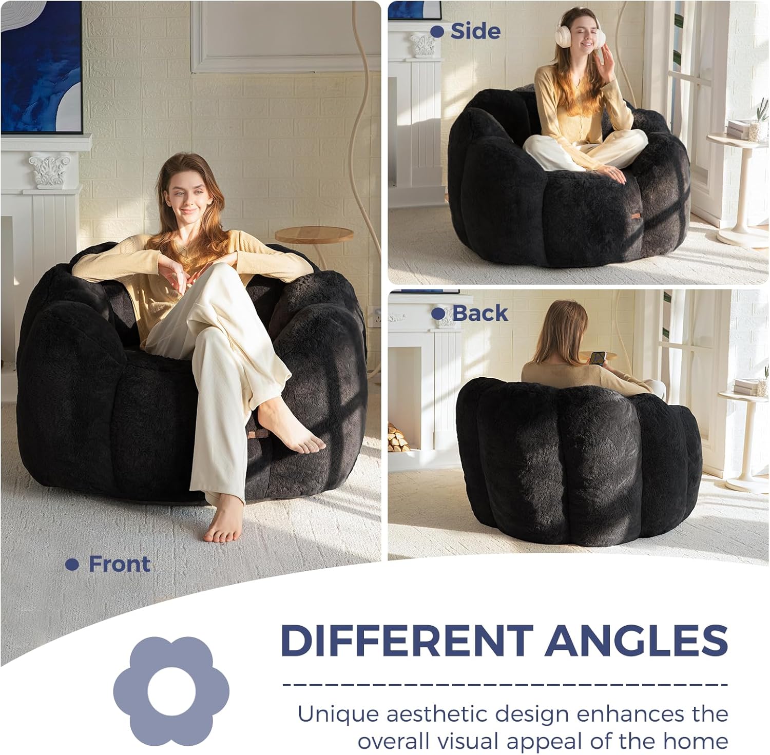 Flower-Shaped Faux Fur Bean Bag Chair Sofa with High-Density Foam Filling