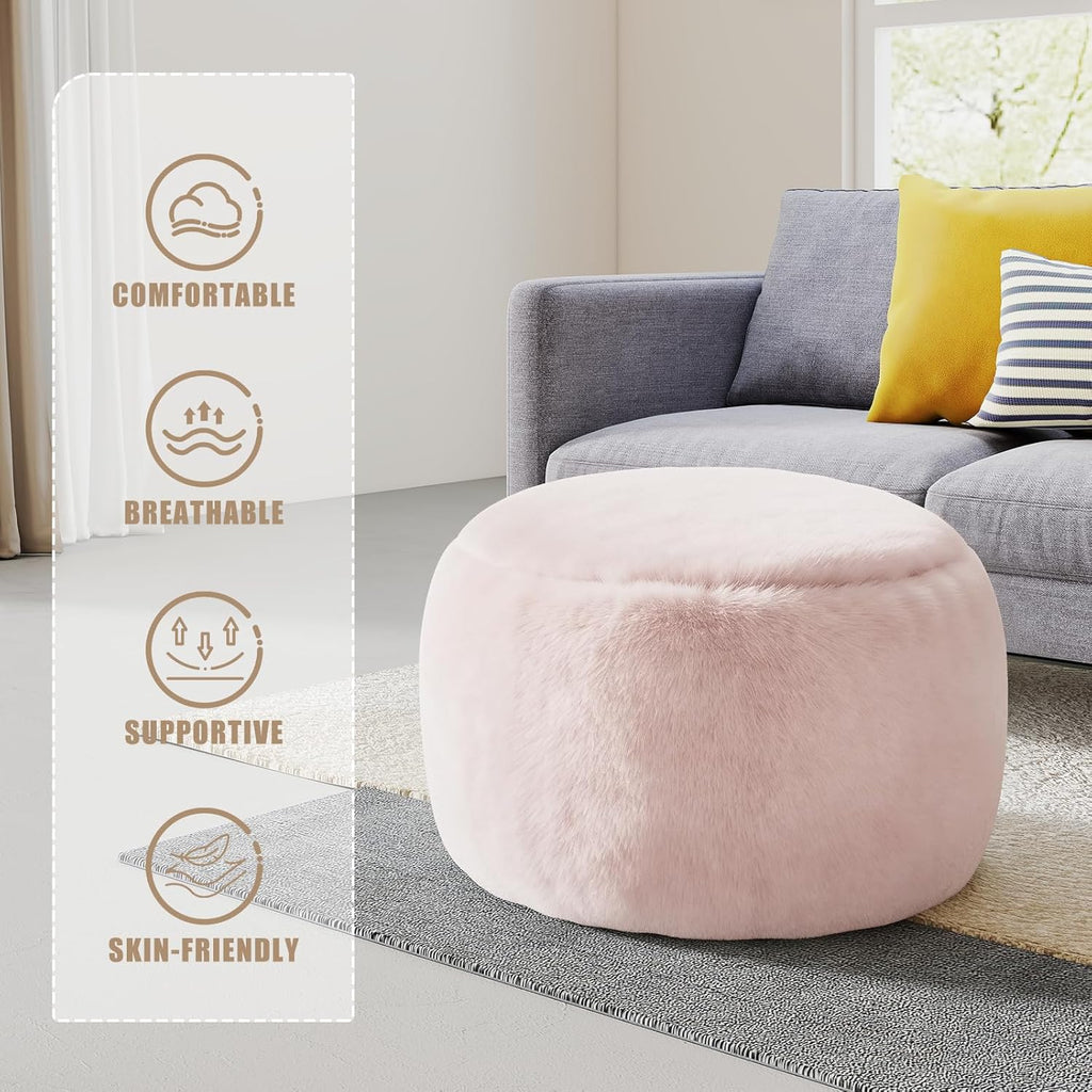 Plush Round Faux Fur Ottoman – Soft Foot Rest Pouf for Living Room & Bedroom