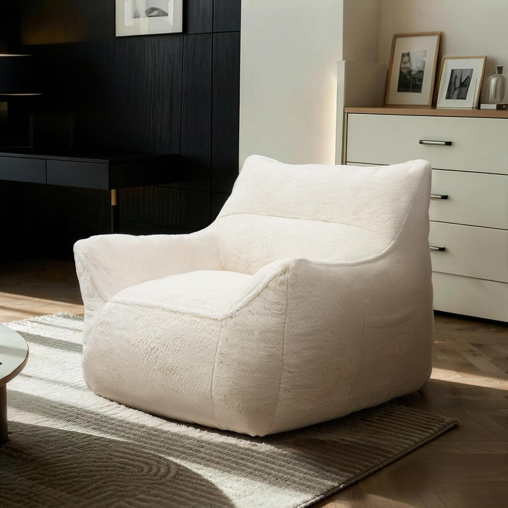 Plush Faux Rabbit Fur Bean Bag Chair with Backrest & Armrests – Memory Foam Floor Sofa