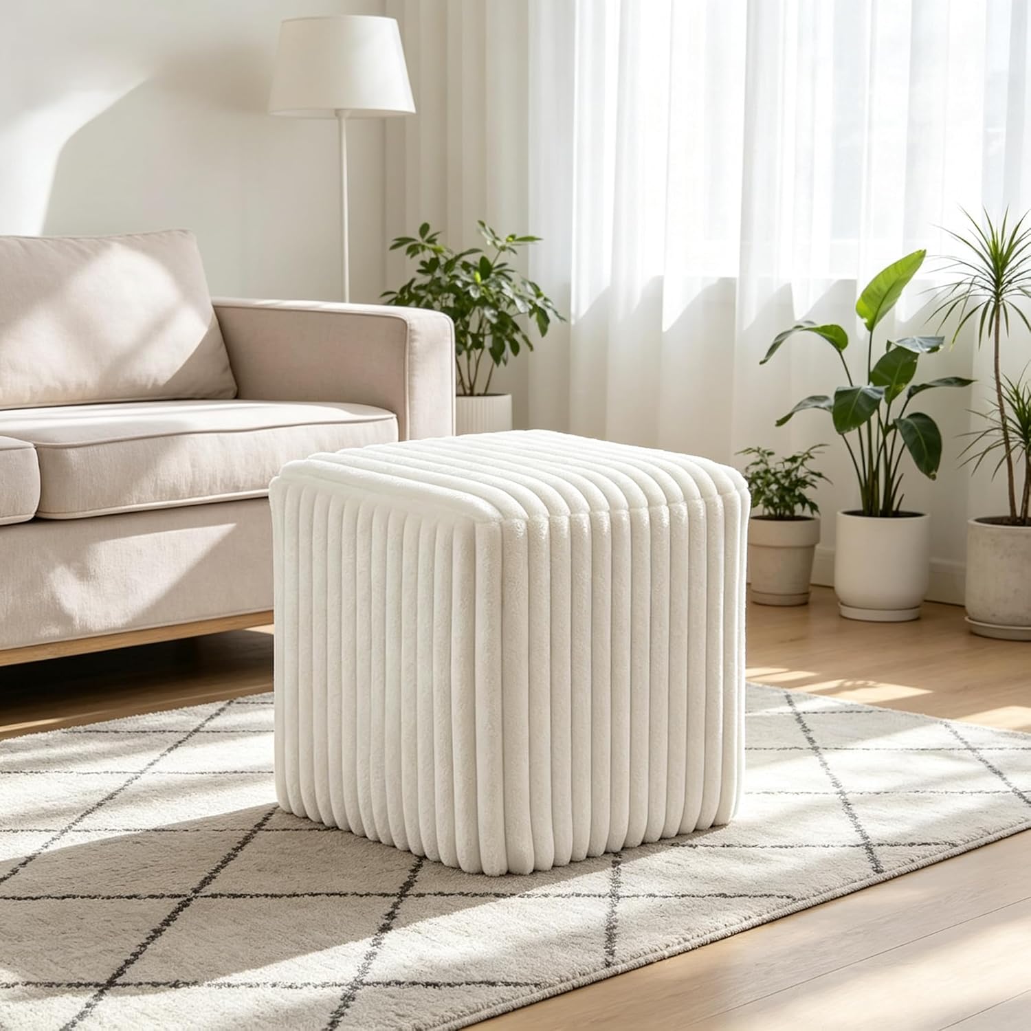 Fleece Button-Tufted Ottoman Stool – Cozy Footrest & Vanity Seat