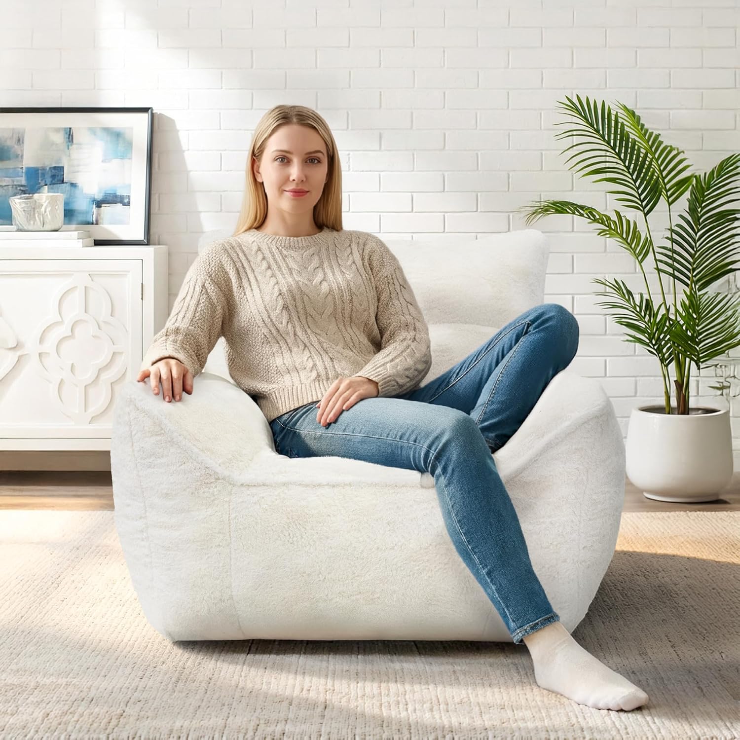 Plush Faux Rabbit Fur Bean Bag Chair with Backrest & Armrests – Memory Foam Floor Sofa
