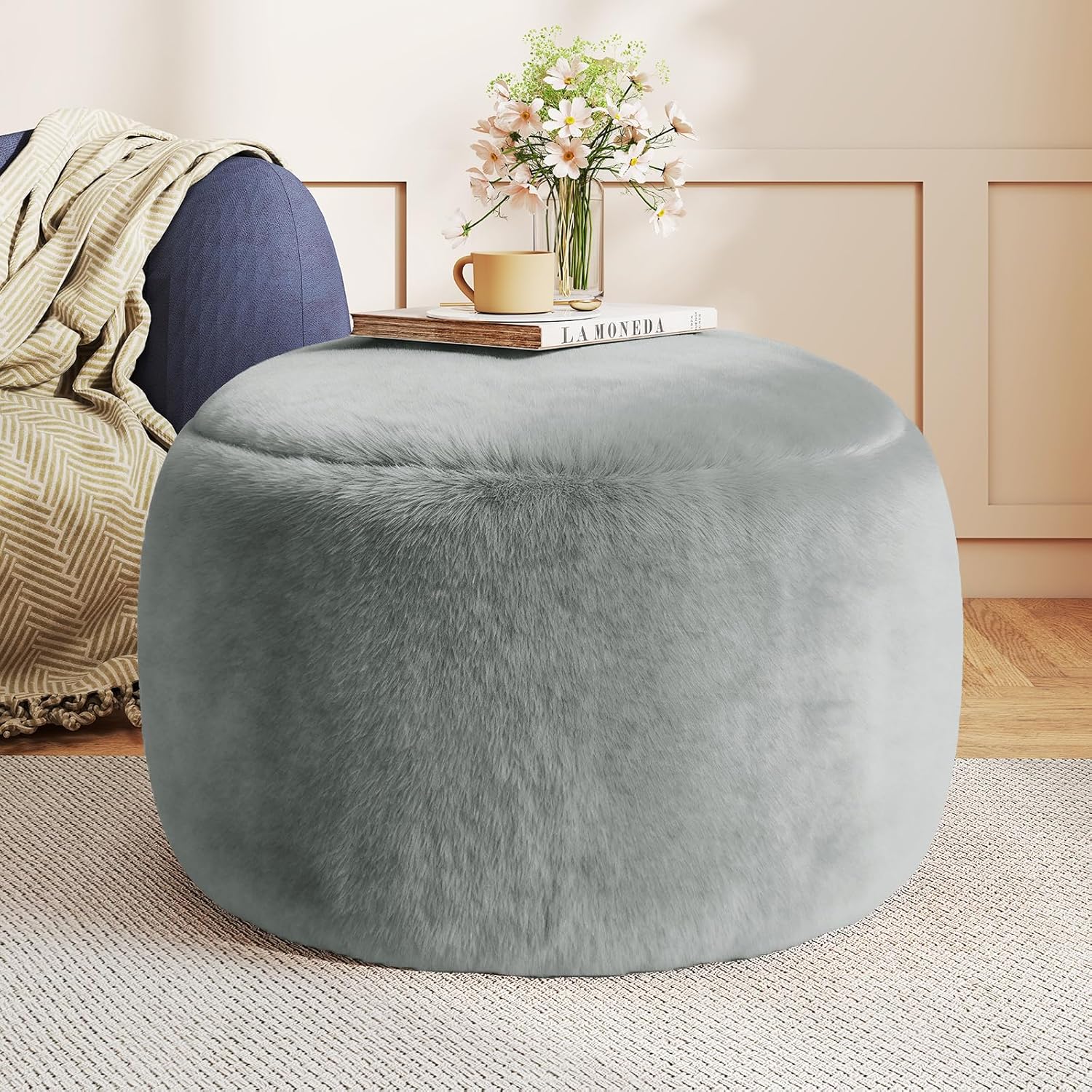 Plush Round Faux Fur Ottoman – Soft Foot Rest Pouf for Living Room & Bedroom