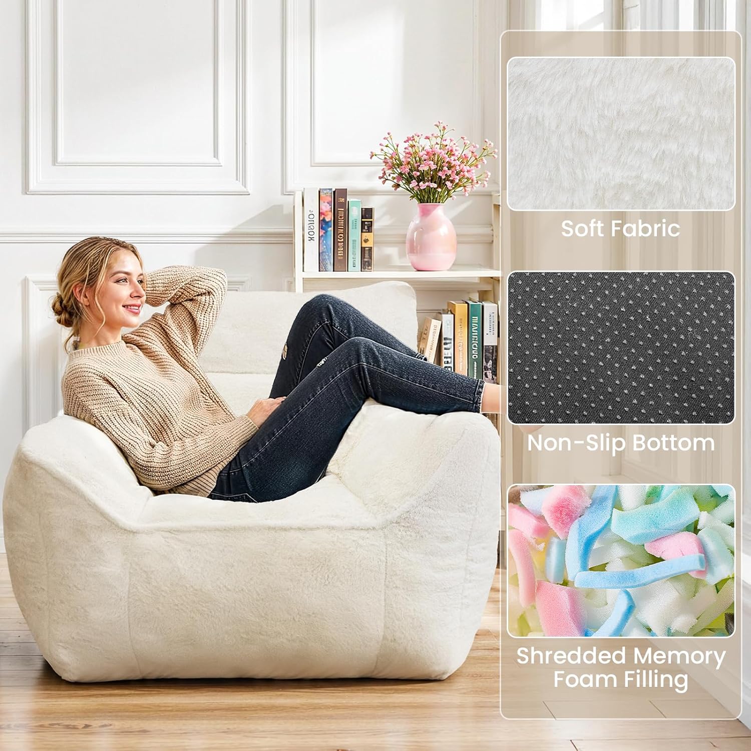 Plush Faux Rabbit Fur Bean Bag Chair with Backrest & Armrests – Memory Foam Floor Sofa