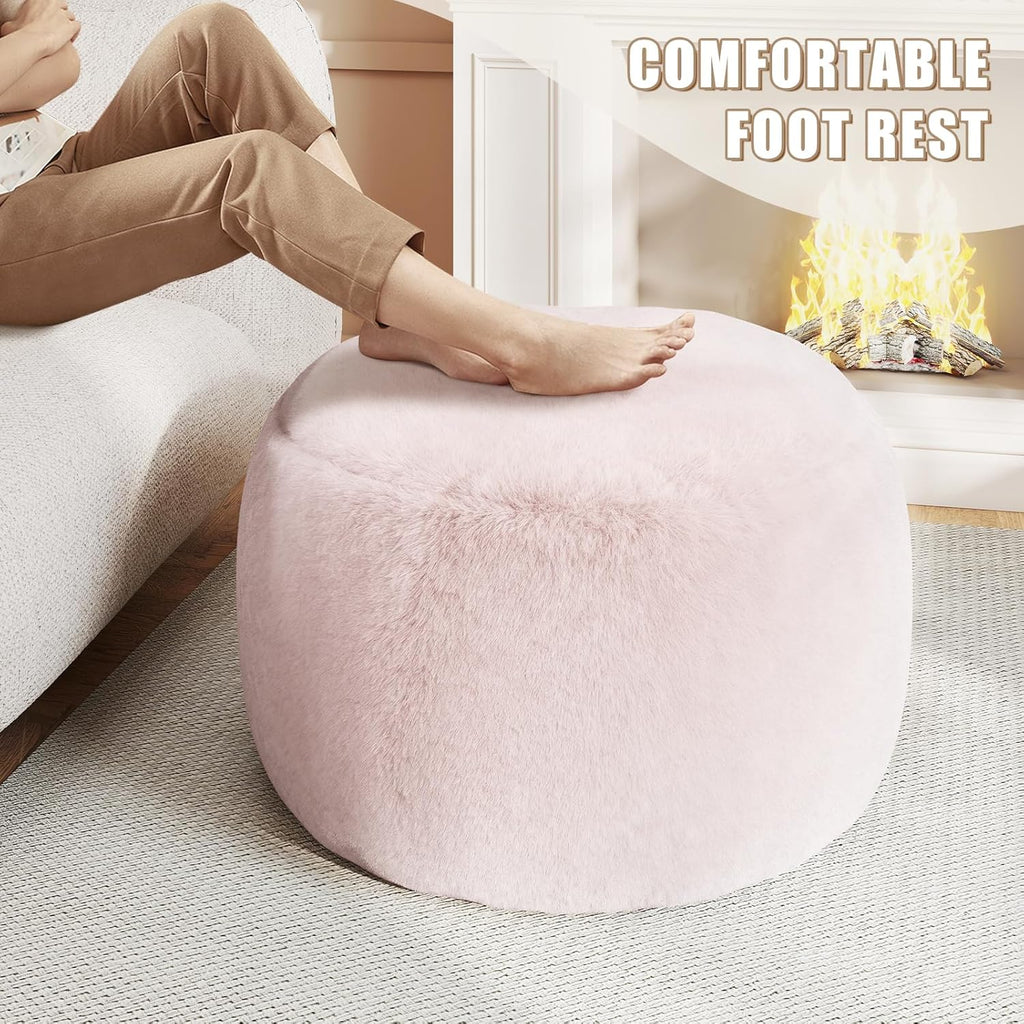 Plush Round Faux Fur Ottoman – Soft Foot Rest Pouf for Living Room & Bedroom