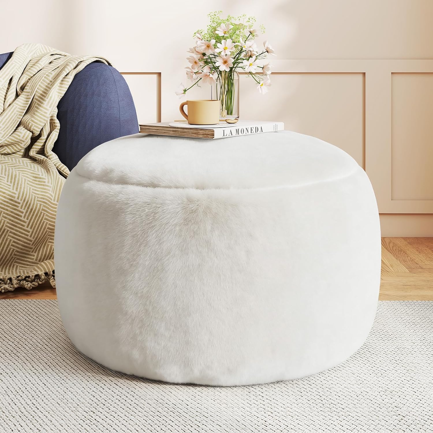 Plush Round Faux Fur Ottoman – Soft Foot Rest Pouf for Living Room & Bedroom