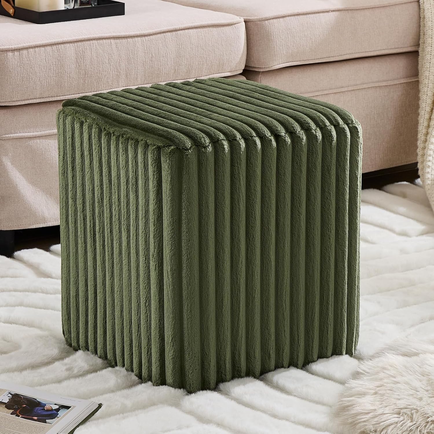 Fleece Button-Tufted Ottoman Stool – Cozy Footrest & Vanity Seat