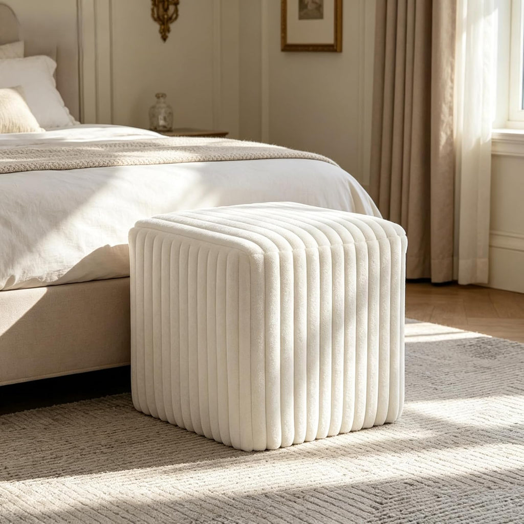 Fleece Button-Tufted Ottoman Stool – Cozy Footrest & Vanity Seat