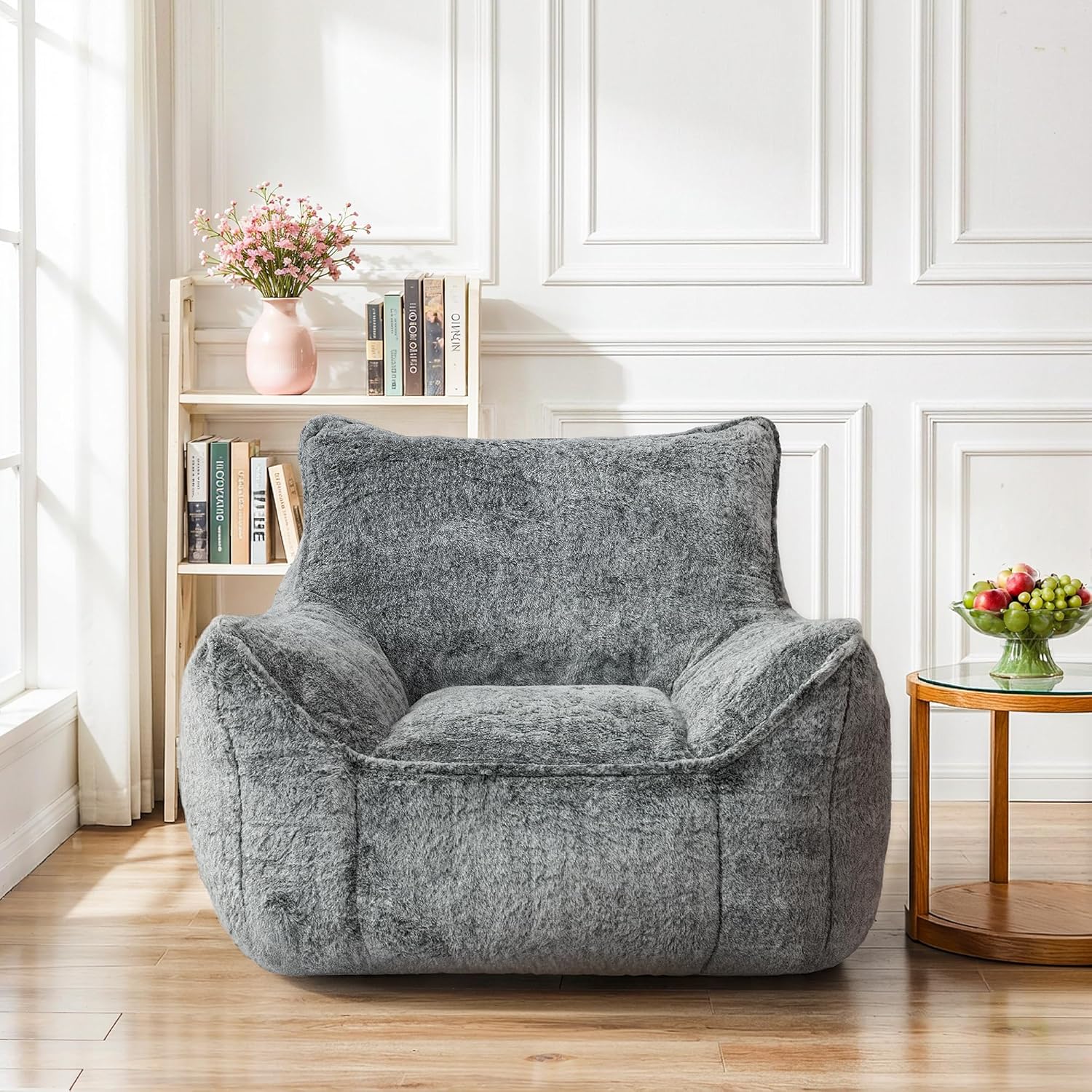 Plush Faux Rabbit Fur Bean Bag Chair with Backrest & Armrests – Memory Foam Floor Sofa